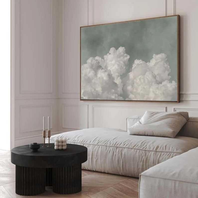 Sage Green Cloud Canvas Wall Art Print, Large Floating Framed Art, Landscape Horizontal, Living Room Decor, Dreamy, Bedroom, Over the Bed