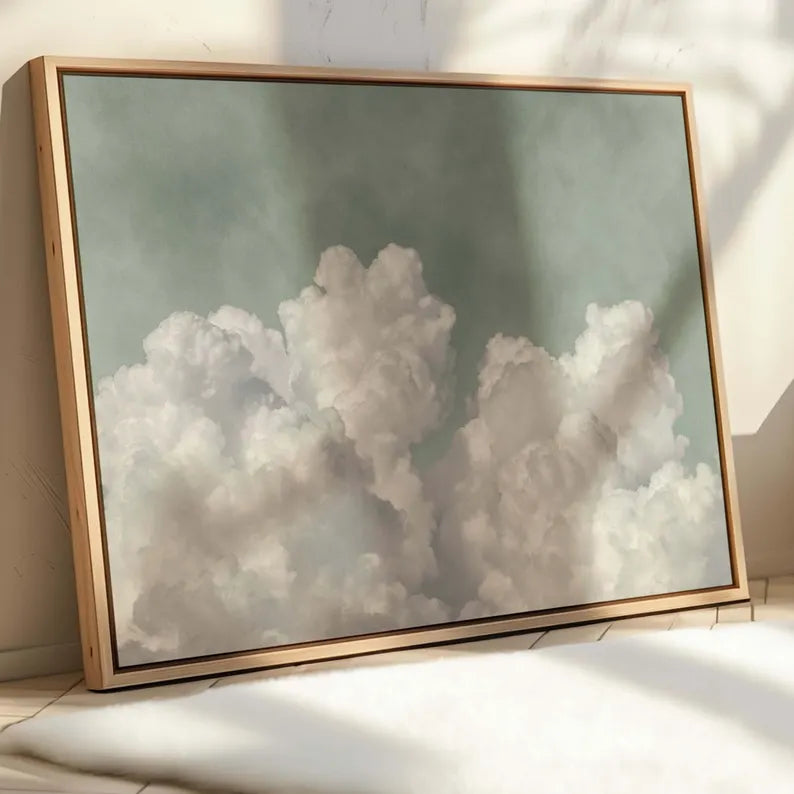 Sage Green Cloud Canvas Wall Art Print, Large Floating Framed Art, Landscape Horizontal, Living Room Decor, Dreamy, Bedroom, Over the Bed