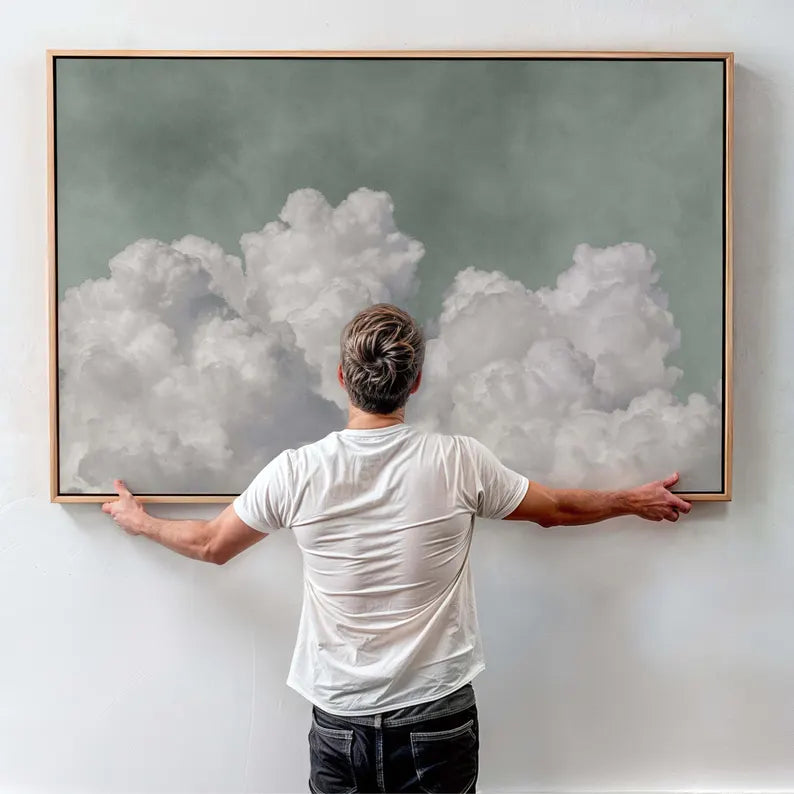 Sage Green Cloud Canvas Wall Art Print, Large Floating Framed Art, Landscape Horizontal, Living Room Decor, Dreamy, Bedroom, Over the Bed
