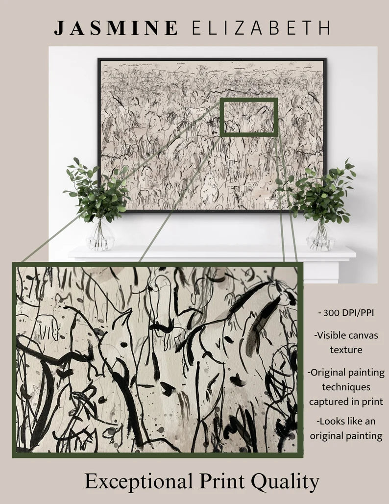 Galloping Herd of Horses Abstract Canvas Wall Art Print, Mid Century Modern Original Large Wall Oil Painting, Oversized Framed Art Decor HP1