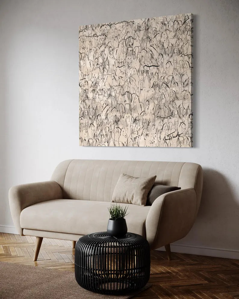 Galloping Herd of Horses Abstract Canvas Wall Art Print, Mid Century Modern Original Large Wall Oil Painting, Oversized Framed Art Decor HP1