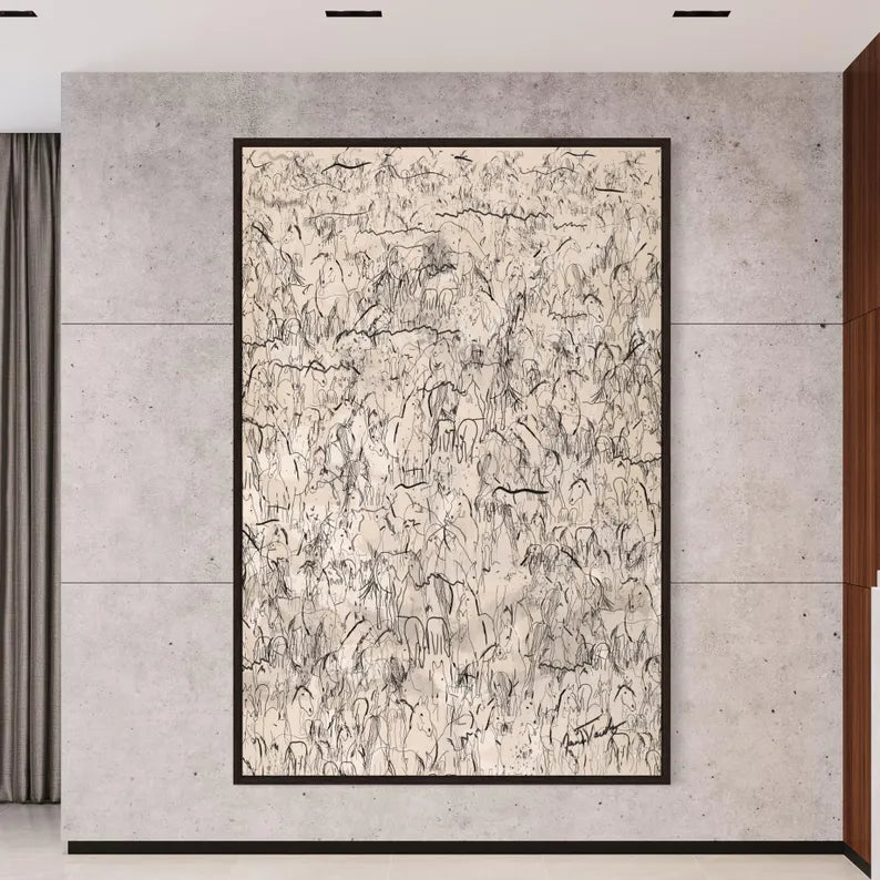 Galloping Herd of Horses Abstract Canvas Wall Art Print, Mid Century Modern Original Large Wall Oil Painting, Oversized Framed Art Decor HP1