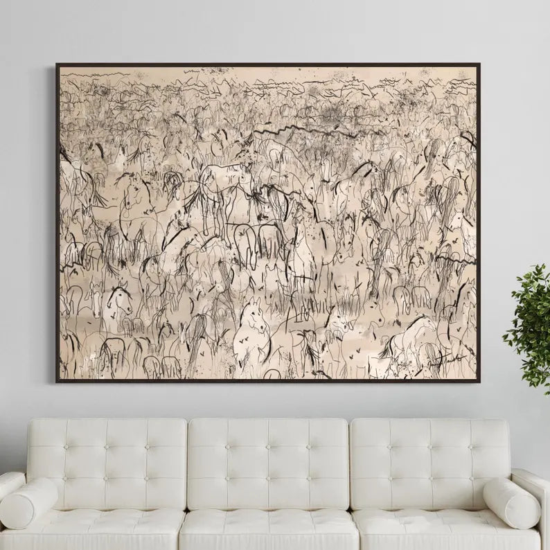 Galloping Herd of Horses Abstract Canvas Wall Art Print, Mid Century Modern Original Large Wall Oil Painting, Oversized Framed Art Decor HP1